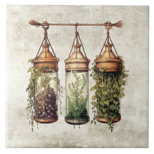 Carreau Rustic Hanging Herbs Grapes Watercolors (Devant)