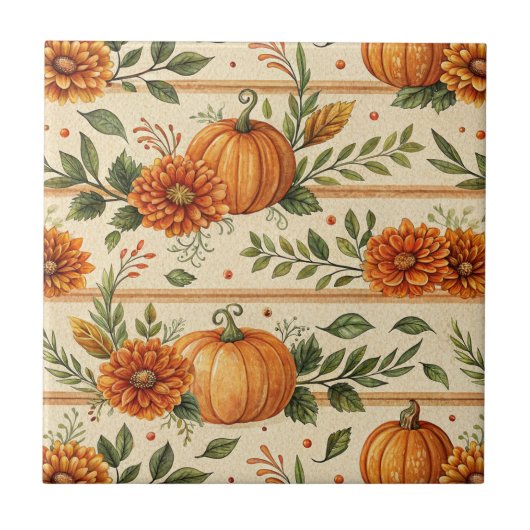 Carreau Rustic Pumpkin and Chrysanthemum Autumn Pattern (Devant)