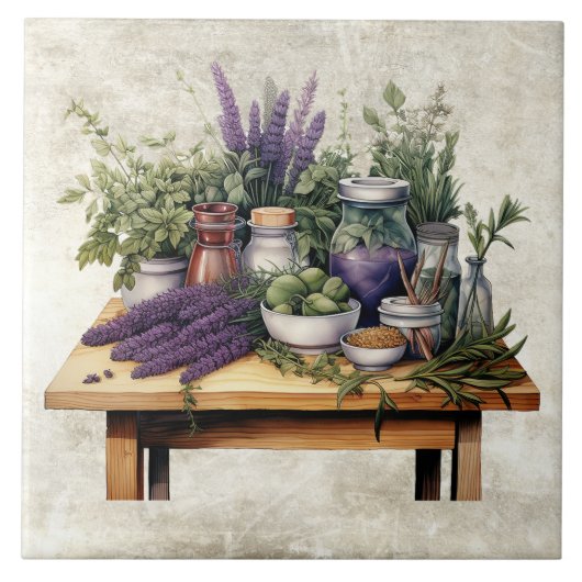 Carreau Rustic Table with Herbs Watercolors (Devant)