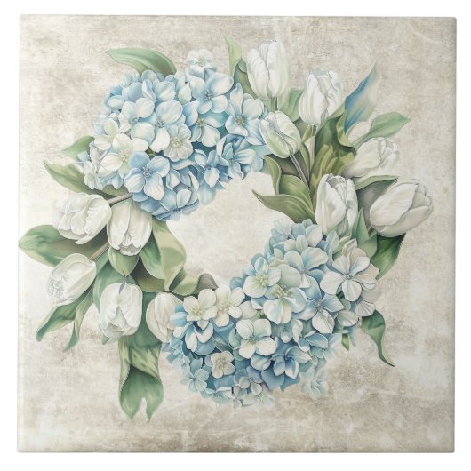 Carreau Rustic Watercolor Blue Hydrangea Tulips Wreath (Devant)