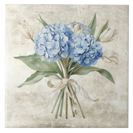 Carreau Rustic Watercolor Floral Blue Hydrangea  (Devant)