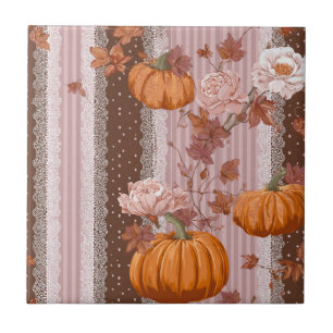 Carreau Rustique Citrouilles d'automne & dentelle fleurie 