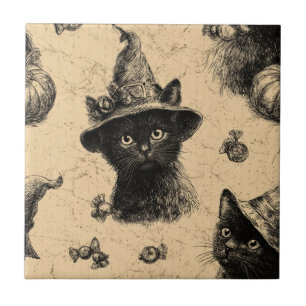 Carreau Rustique Vintage Chat Noir Sorcière Halloween Moti