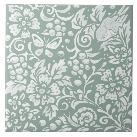Carreau Sage Green Bird Butterfly Snail Floral (Devant)