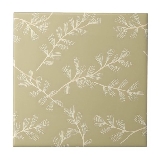 Carreau Sage Green Botanical Pattern Cream Hand Drawn Leaf (Devant)