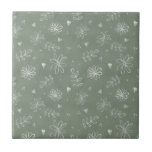 Carreau Sage Green Floral Ferme Carrelage en céramique<br><div class="desc">Fleurs blanches dessinées à la main et feuilles sur un arrière - plan de ferme vert sauge de campagne. 100% de satisfaction client avec "Zazzle" tous les jours.</div>
