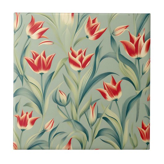 Carreau Sage Green Floral Rouges Tulipes (Devant)