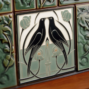 Carreau Sage Green Mackintosh Noir Oiseaux Art Déco Décor