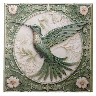 Carreau Sage vert faux relief Art Nouveau Hummingbird L
