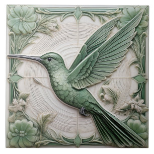Carreau Sage vert faux relief Art Nouveau Hummingbird L