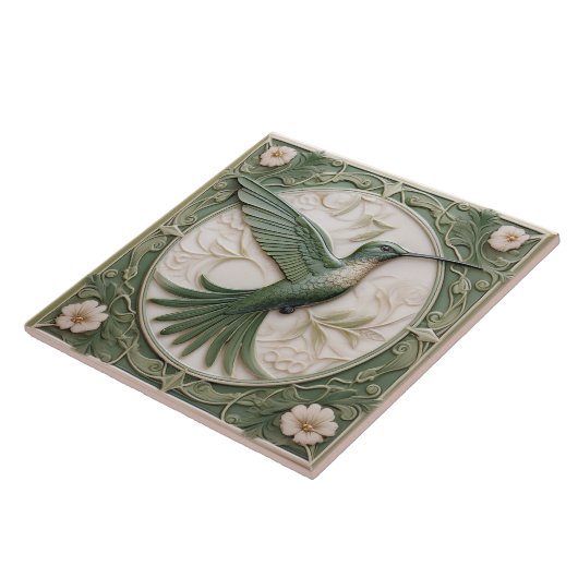 Carreau Sage vert faux relief Art Nouveau Hummingbird R (Côté)