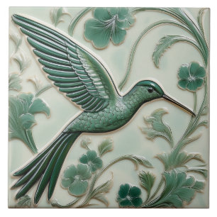 Carreau Sage vert faux relief Art Nouveau Hummingbird R