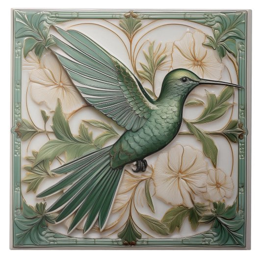 Carreau Sage vert faux relief Art Nouveau Hummingbird R (Devant)