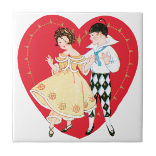 Carreau Saint-Valentin rétro, Arlequin et cœur vintage