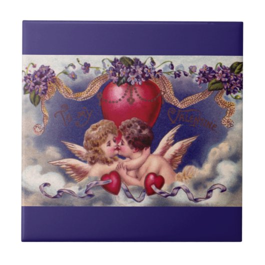 Carreau Saint Valentin vintage, Tcherubs dans les nuages (Devant)