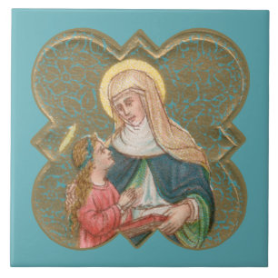 Carreau Sainte Anne et la Vierge dans un quatrefeuilles ba