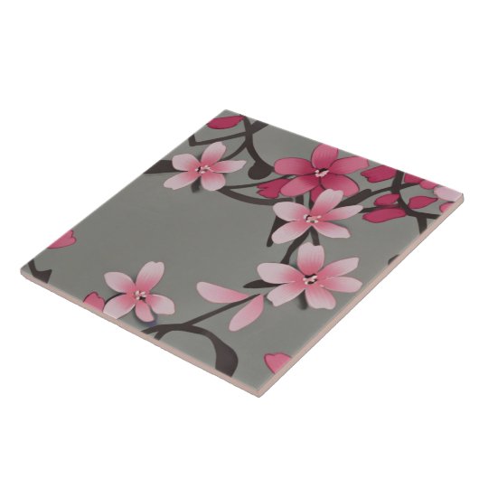 Carreau Sakura Rose - Fleurs florales japonaises sur gris (Côté)