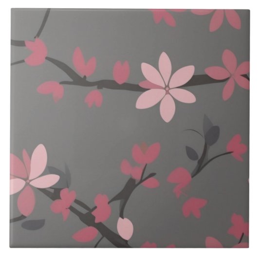 Carreau Sakura Rose - Fleurs florales japonaises sur gris  (Devant)