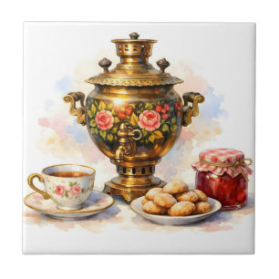 Carreau Samovar russe aquarelle avec biscuits et confiture