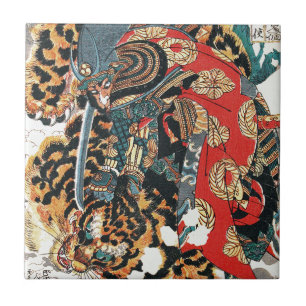 Carreau Samurai combat un tigre, Kuniyoshi, Ukiyo-e