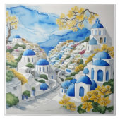 Carreau Santorin Aquarelle Maisons grecques & Fleurs jaune (Devant)