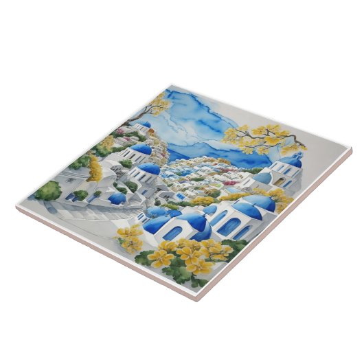 Carreau Santorin Aquarelle Maisons grecques & Fleurs jaune (Côté)