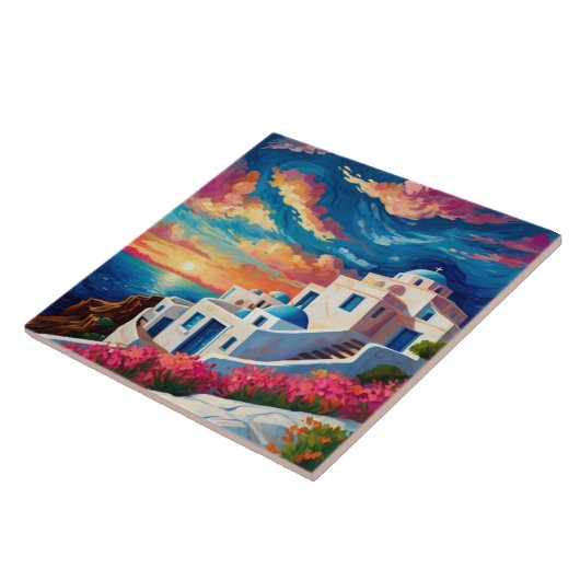 Carreau Santorin coucher de soleil, Grèce - Fleurs roses c (Côté)