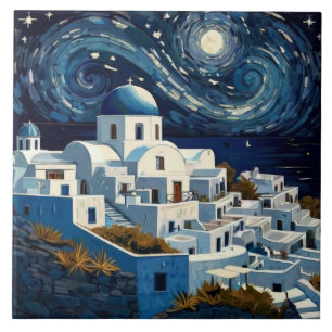 Carreau Santorin, Grèce Starry Night - Greek Island Art