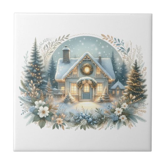 Carreau Scène de cabane enneigée lumineuse (Devant)