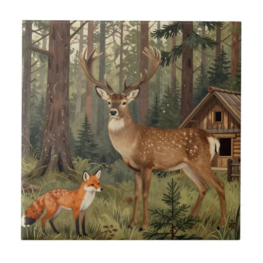 Carreau Scène de cabane forestière avec cerf et renard (Devant)
