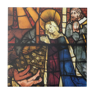 Carreau Scène de la Nativité de Noël vintage en verre tein