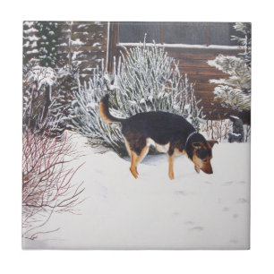 Carreau Scène de neige d'hiver avec le chien noir et