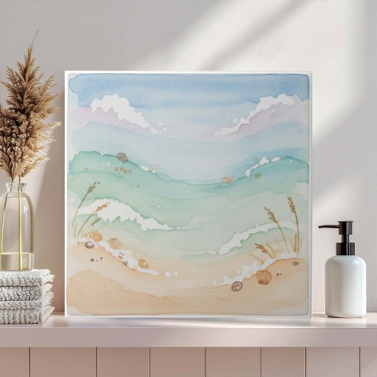 Carreau Scène de plage à l'aquarelle douce ID1207