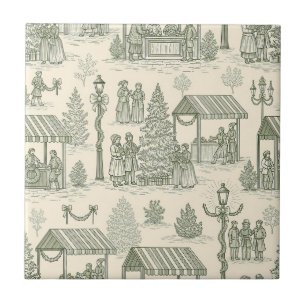 Carreau Scène de village de Noël vintage toile verte (2)