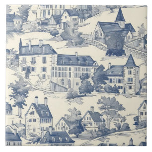 Carreau Scène de village élégante Toile de Jouy bleue
