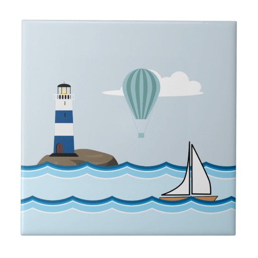 Carreau Scène nautique avec phare et voilier (Devant)