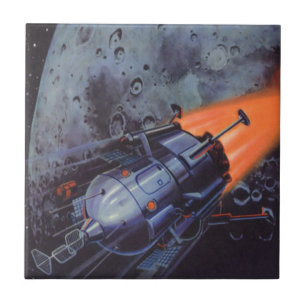 Carreau Science-fiction vintage, fusée lunaire décollant