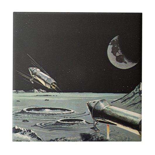 Carreau Science-fiction vintage, fusées spatiales Lune Pla (Devant)