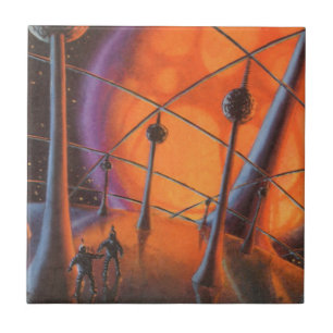 Carreau Science-fiction vintage, Orange Sun et Aliens