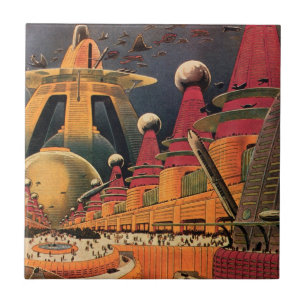 Carreau Science-fiction vintage voiture volante de ville f