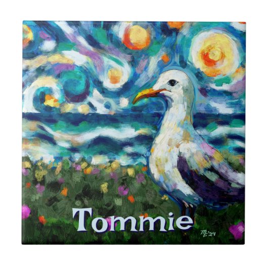 Carreau Seagull Van Gogh Style Beach Personalized (Devant)