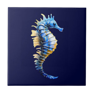 Carreau Seahorse 3D bleu or nautique marine chic aquatique