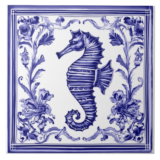 Carreau Seahorse Navy Blue and White Sea Ocean Beach House (Devant)