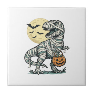 Carreau Seau de bonbons T-Rex momie Halloween Vecteur vint