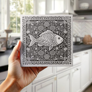 Carreau Série de la vie côtière Poisson N&B D1208