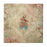 Carreau Shabby Carrelage Vintage Floral<br><div class="desc">Bouquet de fleurs et de rubans sur un arrière - plan damassé crème grungy avec tourbillons florentins gravés et roses et texture légèrement gaufrée.</div>