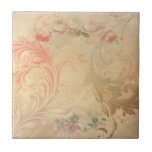 Carreau Shabby Chic Carrelage Floral<br><div class="desc">Défilement sculpté vintage sur un arrière - plan en lin en détresse avec embellissement de bordure rose.</div>