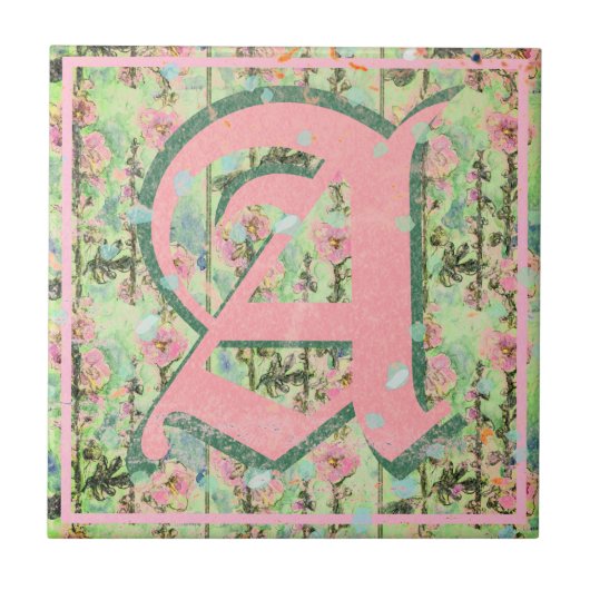 Carreau Shabby Shic Distressed Monogramme Fleurs de Souffl (Devant)