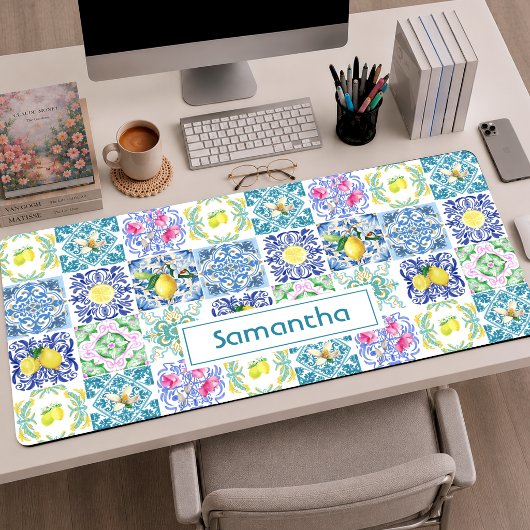 Carreau sicilien bleu blanc chic motif citron