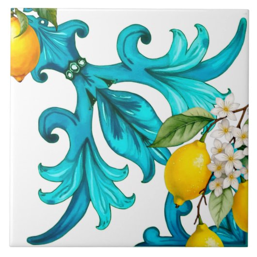 Carreau sicilien, été, citron, mosaïque, bleu, (Devant)